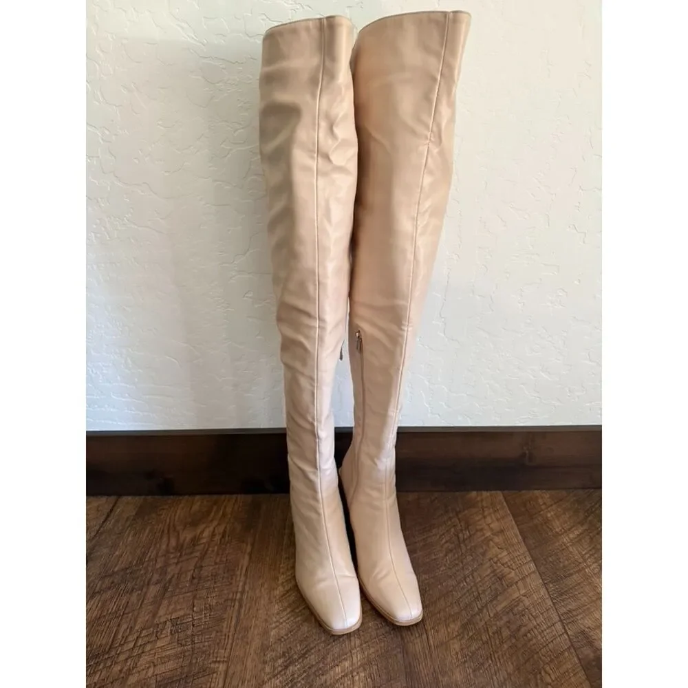 PLT Nude/Cream Faux Leather Square Toe Block Heel Over the Knee Boots